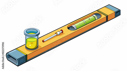 A level A long straight tool with a bubble or vial filled with liquid. Used for determining if a surface is horizontally or vertically straight.. Cartoon Vector