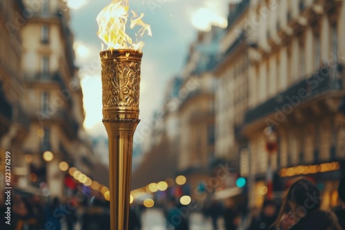Olympic torch on the blurred Paris street during Olympic Games