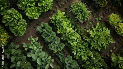 High-angle image of a vegetable patch, capturing the symmetry and lushness of the garden beds.