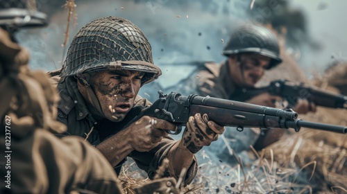 Soldiers on the Battlefield During World War 2.Army marine corps soldier military war with gun weapon participating and preparing to attack the enemy