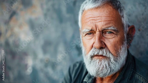 Introspective Senior Man Portrait: A peaceful portrait capturing an elderly man's thoughtful contemplation. The serene expression on his wrinkled face reveals a lifetime of wisdom Generative ai
