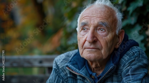 Introspective Senior Man Portrait: A peaceful portrait capturing an elderly man's thoughtful contemplation. The serene expression on his wrinkled face reveals a lifetime of wisdom Generative ai