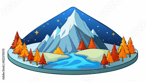 High up in the mountains the air is crisp and cold and the snowcovered peaks gleam under the pale light of the north star. The frozen lakes below. Cartoon Vector