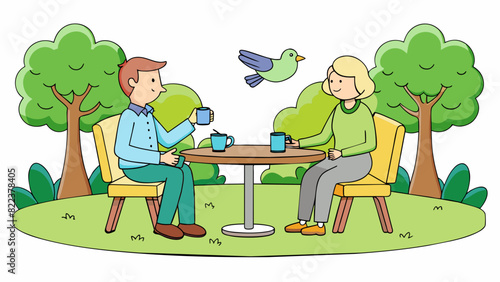 Interview in a park The setting is peaceful and serene with birds chirping and trees providing shade. The interviewer and interviewee sit on a bench. Cartoon Vector