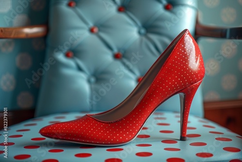 Red polka dot high heel shoe on retro blue polka dot chair