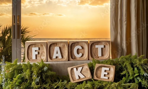 The text word FAKE is spelled out in wooden blocks in front of a window. Concept of real fact and fake myth news
