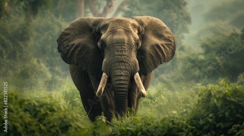 Proud male elephant with large tusks, captured in its natural habitat against a backdrop of lush greenery.