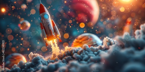 A red and white rocket with flames shooting out from its base lifts off into outer space