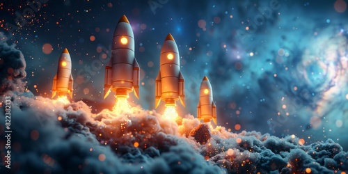 Multiple rockets soar through the sky, leaving trails of smoke as they travel upwards