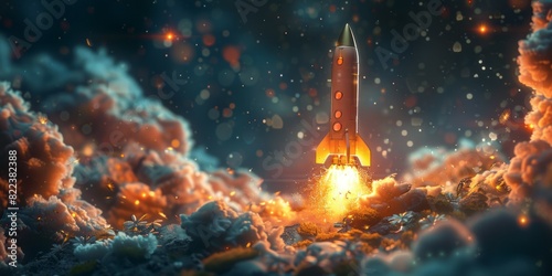 A rocket rapidly ascending into the sky surrounded by billowing clouds