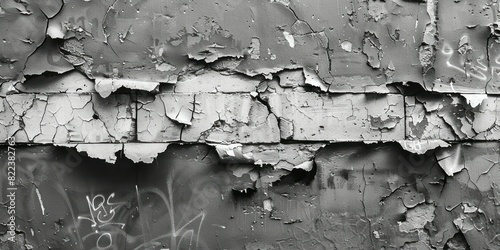 Black and white photo showing peeling paint on a wall, revealing layers of history and decay