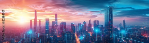 Cityscape with sleek skyscrapers and advanced transportation systems under a twilight sky