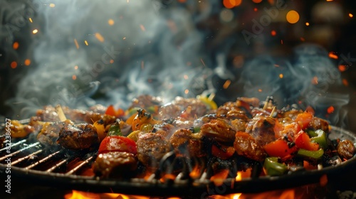A close-up of sizzling meat grilling on a barbecue with flames and smoke creating a vibrant, mouth-watering scene.