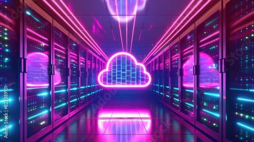 3d render of cloud computing concept with glowing digital icon in data center server room interior background, wide angle lens