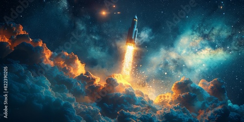 A rocket launches into the dark sky, leaving a trail of flames and smoke behind as it ascends into space