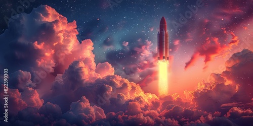A rocket ascending into the sky amidst fluffy clouds on a bright day