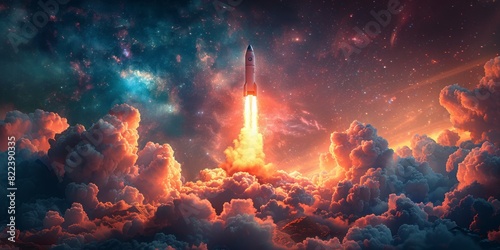 A rocket zooming upwards in the sky surrounded by fluffy white clouds