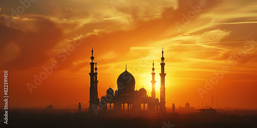 Sunset Mosque | Silhouette Against a Vibrant Sky, Majestic Mosque | Glowing Sunset Silhouette
