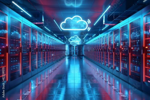 Cloud Computing Icons Floating Above a Server Room