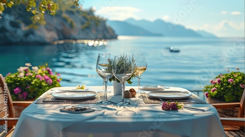 Table set dining outdoor meal against a beautiful sea view background, luxury. Generative AI.