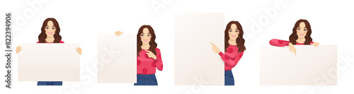 Young beautiful woman with curly hair holding pointing to the empty blank board. Isolated vector illustration collection