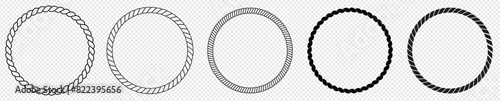 Round rope curve symbol set. Different thickness circular ropes set for decoration. Vector isolated on transparent background.