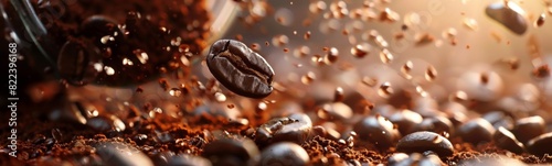 Many coffee beans falling from a cup. Food background. Banner