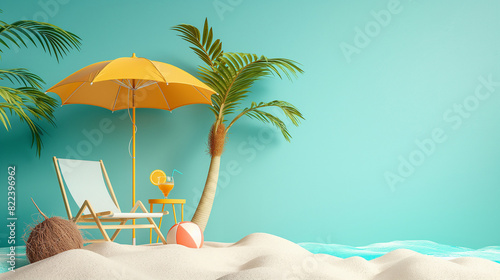 3d deck chair with palm tree, umbrella and coconuts on the white sand on seaside