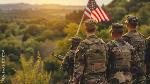 A group of military personnel in uniform holding the American flag during a Flag Day ceremony, with a scenic landscape in the background