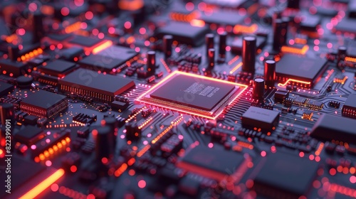 3D rendering of a computer chip and circuit board with neon lights glowing in a dark background, in a high tech concept. Wide angle lens shows a realistic daylight style scene.