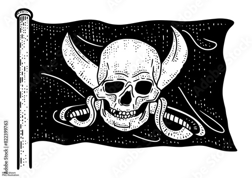 Jolly Roger blackjack pirate flag sketch engraving PNG illustration. T-shirt apparel print design. Scratch board imitation. Black and white hand drawn image.