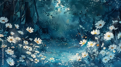 A cute watercolor of a daisy chain, intricately detailed, strewn across a magical, moonlit forest glade