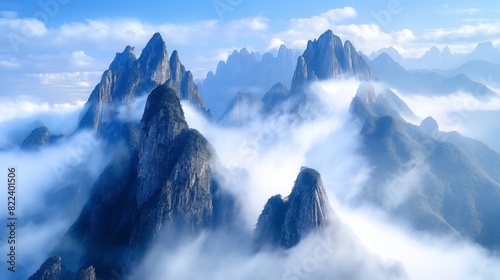 A majestic mountain range shrouded in mist, with towering peaks piercing through the clouds, creating a sense of awe and wonder against a backdrop of azure sky. 32k, full ultra HD, high resolution