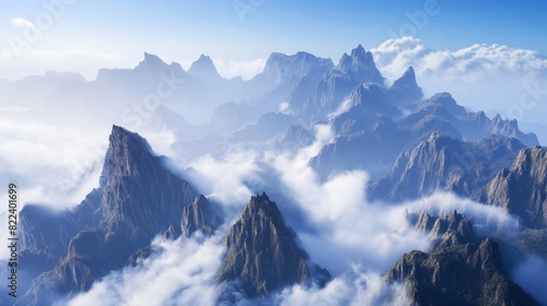 A majestic mountain range shrouded in mist, with towering peaks piercing through the clouds, creating a sense of awe and wonder against a backdrop of azure sky. 32k, full ultra HD, high resolution