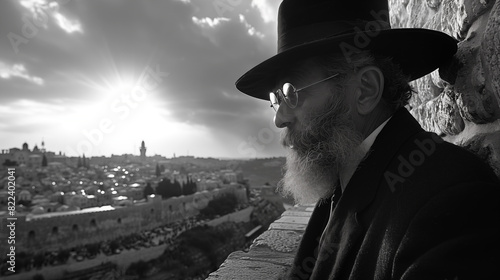 haredi rabbi looking at Jerusalem from the top