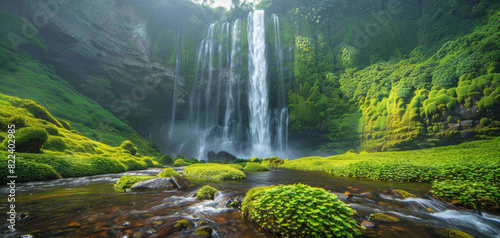 a beautiful waterfall in the middle of a green forest. The waterfall is surrounded by lush green vegetation and the water is crystal clear.