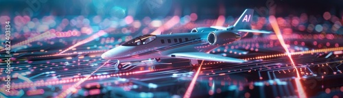 Photo of a futuristic electric jet plane model connected to an electronic mainboard with AI emblem, illustrating AIpowered aircraft communication systems