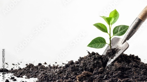 Photo of a gardening hoe cultivating soil on a white backdrop