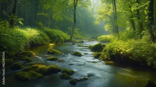 A peaceful riverside scene, with a meandering stream winding through lush forest foliage and moss-covered rocks, under the soft glow of early morning light filtering through the canopy above. 