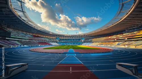 Olympic games stadium featuring a vibrant blue and red track surrounded by seating