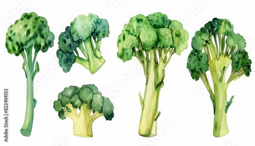 A set of watercolor sketches depicting broccoli crowns, a superfood in every organic diet, Clipart isolated minimal with white background