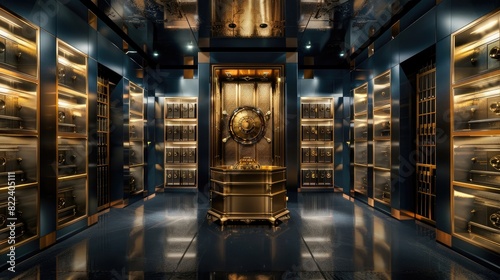 A bank vault room with multiple large, golden metal door safe boxes on the right side of each wall 