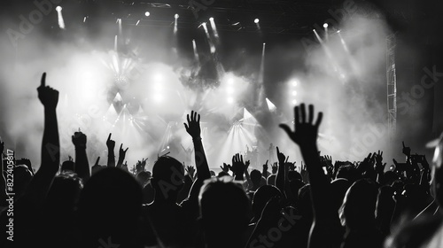 A black and white photo of a crowd cheering at a concert, with stage lights and smoke in the air at night time,