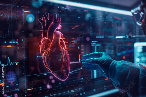 Closeup half body of a researcher analyzing heart disease data with Glow HUD big Icon of statistical graphs
