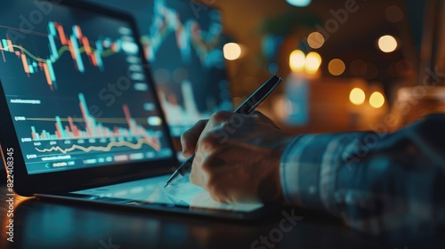 A businessman holds a pen writing on a tablet with stock market financial data and a candlestick chart on a digital screen in the background, in real photo style.