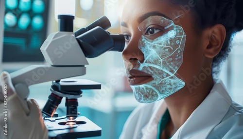 Closeup of a dermatologist examining skin samples under a microscope