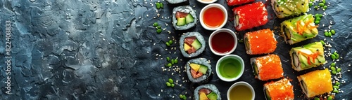 An overhead view of a vibrant spread of vegetarian sushi rolls and dipping sauces, arranged artistically on a slate surface, central void area for text.