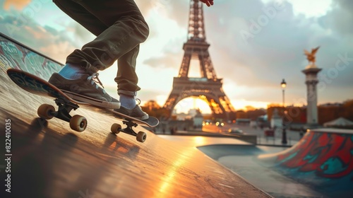A person performs skateboarding tricks on a ramp in front of the iconic Eiffel Tower