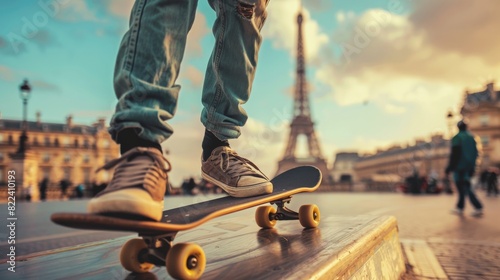 A person standing on a skateboard in front of the Eiffel Tower in Paris