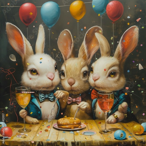 Unos conejos juntos en una fiesta muy colorida